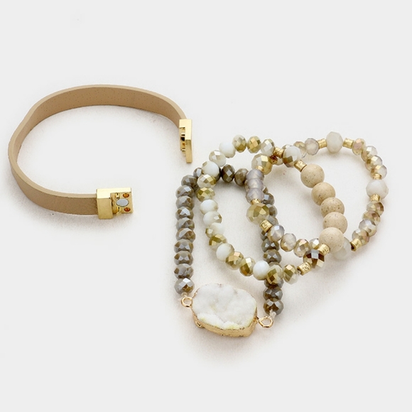 4 Piece Ivory Multi Beaded Druzy Stretch Bracelet - Picture 2 of 2